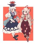  2girls :o alternate_sleeve_length ankle_boots ankle_socks ascot baggy_pants bangs black_footwear blue_dress blue_hair blue_shawl boots border bow brown_footwear brown_pants clenched_hand collared_shirt dot_nose dress eye_contact footwear_bow frilled_ascot frills fujiwara_no_mokou full_body grey_shirt hair_bow half_updo hand_in_pocket hat hatching_(texture) high-waist_pants holding itomugi-kun juliet_sleeves kamishirasawa_keine linear_hatching long_dress long_hair long_sleeves looking_at_another looking_to_the_side mary_janes multicolored_hair multiple_girls neckerchief ofuda ofuda_on_clothes outside_border pants parted_lips puffy_pants puffy_sleeves red_ascot red_background red_bow red_eyes red_neckerchief romaji_text shawl shirt shirt_tucked_in shoe_soles shoes simple_background sleeve_garter socks sound_effects standing streaked_hair suspenders tokin_hat touhou two-tone_hair very_long_hair walking white_border white_hair white_sleeves white_socks wing_collar 