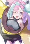  1girl ;d akitokage blue_hair hair_ornament hexagon_print highres iono_(pokemon) jacket looking_at_viewer magnemite multicolored_hair off-shoulder_jacket off_shoulder one_eye_closed pink_eyes pink_hair pokemon pokemon_(game) pokemon_sv sharp_teeth smile solo split-color_hair teeth yellow_jacket 