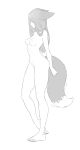  1girl animal_ears barefoot breasts cheshirrr closed_mouth completely_nude contrapposto covered_eyes ears_down fox_ears fox_tail from_side full_body highres long_hair monochrome nipples nude original perky_breasts profile simple_background small_breasts solo tail toes white_background 