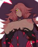  1girl afrobull black_sclera blazblue blush breasts breasts_apart closed_mouth colored_sclera dress eyelashes gloves grin hair_over_eyes hat highres konoe_a._mercury large_breasts lips long_hair nipples one_eye_covered pink_hair purple_dress smile solo sweat upper_body witch witch_hat yellow_eyes 