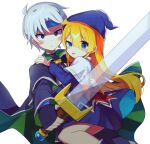  1boy 1girl absurdres blonde_hair blue_dress blue_eyes blue_footwear blue_hairband blue_skirt blush bow capelet dress fingerless_gloves gloves hairband hat highres holding holding_sword holding_weapon hug long_hair long_sleeves looking_at_viewer madou_monogatari offbeat puyopuyo red_bow schezo_wegey skirt sword tongue tongue_out weapon white_capelet white_hair witch_(puyopuyo) witch_hat 