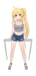  1girl absurdres ahoge bangs bare_shoulders blonde_hair bocchi_the_rock! breasts camisole carlo_montie closed_mouth denim denim_shorts full_body highres ijichi_nijika long_hair looking_at_viewer midriff navel orange_eyes sandals short_shorts shorts side_ponytail small_breasts smile solo standing toes 