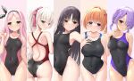  5girls akizuki_kanna arm_behind_back ass back bangs black_hair black_one-piece_swimsuit blue_eyes blush bow breasts brown_eyes cafe_stella_to_shinigami_no_chou cameltoe closed_mouth collarbone competition_swimsuit covered_navel covering cowboy_shot crossed_bangs eyes_visible_through_hair facing_viewer from_behind frown gradient gradient_background green_eyes groin hair_bow hair_ornament hair_over_one_eye hair_ribbon hairband hand_on_own_chest hand_on_own_crotch hand_up highleg highleg_swimsuit highres hiuchidani_mei large_breasts licking_lips long_hair looking_at_viewer looking_back looking_to_the_side low_twintails medium_breasts multiple_girls ncontrail_(mgax7527) one-piece_swimsuit orange_hair parted_bangs pink_hair pink_ribbon ponytail purple_eyes purple_hair red_bow ribbon shiki_natsume shioyama_suzune short_hair shoulder_blades side_ponytail sideways_glance simple_background small_breasts standing sumizome_nozomi swimsuit tan tanlines taut_clothes taut_swimsuit tongue tongue_out twintails two-tone_swimsuit wet wet_clothes wet_swimsuit white_background x_hair_ornament 