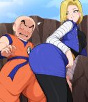  1boy 1girl afrobull android_18 ass bald blonde_hair blue_eyes blush breasts bulge bulge_press bulges_touching dougi dragon_ball dragon_ball_z dry_humping erection erection_under_clothes grinding hetero highres huge_ass humping kuririn no_nose open_mouth pantyhose short_hair skirt small_breasts thick_thighs thighs 