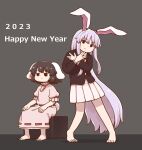  2023 2girls barefoot black_background black_hair blazer carrot_necklace chinese_zodiac closed_mouth commentary_request crescent crescent_pin dress english_text floppy_ears full_body happy_new_year inaba_tewi jacket jewelry long_hair long_sleeves looking_at_viewer multiple_girls necklace pink_dress pink_skirt poronegi purple_hair red_eyes reisen_udongein_inaba shirt short_hair simple_background skirt standing touhou very_long_hair white_shirt year_of_the_rabbit 