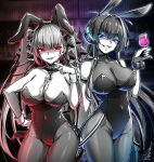  2girls alternate_costume animal_ears azur_lane black_leotard blue_eyes blue_hair bodystocking breasts cleavage commission cup drinking_glass ebiblue finger_to_mouth formidable_(azur_lane) gesugao half-closed_eyes highres large_breasts leotard long_hair multiple_girls new_jersey_(azur_lane) new_jersey_(exhilarating_steps!)_(azur_lane) official_alternate_costume pantyhose playboy_bunny rabbit_ears red_eyes skeb_commission smile wine_glass 