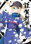  1girl ahoge artoria_pendragon_(fate) baseball_cap black_headwear blonde_hair blue_kimono blue_scarf calligraphy_brush cross_(crossryou) facepaint fate/grand_order fate_(series) floral_print green_eyes hair_through_headwear hanetsuki happy_new_year hat highres holding holding_paintbrush japanese_clothes kimono looking_at_viewer mysterious_heroine_x_(fate) new_year obi oversized_object paintbrush ponytail print_kimono sash scarf smile solo wide_sleeves yukata 