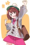  1girl :d arm_up backpack bag blush brown_eyes brown_hair cardigan clenched_hands gloria_(pokemon) green_headwear grey_cardigan hat ixy looking_at_viewer open_mouth pokemon pokemon_(game) pokemon_swsh short_hair smile solo tam_o&#039;_shanter teeth upper_teeth_only 