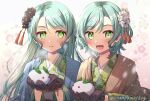  2girls :d aqua_hair bang_dream! bangs black_flower blush bow braid breath brown_gloves closed_mouth commentary_request floral_print flower frilled_gloves frills gloves gradient gradient_background green_eyes green_kimono grey_background hair_bow hair_flower hair_ornament hands_up haori hikawa_hina hikawa_sayo holding japanese_clothes kimono light_particles long_hair long_sleeves looking_at_viewer low_twin_braids medium_hair multicolored_background multiple_girls new_year open_mouth own_hands_together pink_background print_kimono sakuramon shindoi_akio siblings side-by-side side_braids sisters smile snow_bunny snowing swept_bangs tassel tassel_hair_ornament twin_braids twins twitter_username upper_body white_flower wide_sleeves yellow_background yellow_bow 