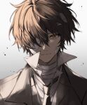  1boy bandage_on_face bandage_on_neck bandage_over_one_eye bandages black_hair black_necktie brown_eyes bungou_stray_dogs closed_mouth collared_shirt dazai_osamu_(bungou_stray_dogs) formal grey_background highres looking_at_viewer male_focus necktie nozz177 serious shirt short_hair solo suit white_shirt 