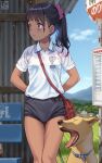  1girl absurdres arms_behind_back bad_id bad_pixiv_id bag black_hair blue_buruma blush brown_eyes buruma bus_stop cloud dark-skinned_female dark_skin dog gym_uniform highres long_hair looking_to_the_side original outdoors pairan ponytail scrunchie shirt short_sleeves sky thigh_gap thighs white_shirt yawning 