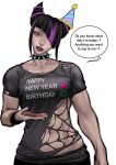  1girl abs aqua_nails ayaki_d bangs black_hair black_shirt breasts casual clothes_writing collar collarbone constricted_pupils english_commentary english_text hair_horns hair_over_one_eye han_juri happy_birthday happy_new_year hat head_tilt highres looking_at_viewer medium_breasts multicolored_hair muscular muscular_female navel nose party_hat purple_hair purple_lips shirt short_hair solo speech_bubble spider_web_pattern spiked_collar spikes streaked_hair street_fighter street_fighter_6 street_fighter_v t-shirt torn_clothes torn_shirt underboob white_background 