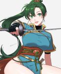  1girl commentary earrings fingerless_gloves fire_emblem fire_emblem:_the_blazing_blade gloves green_eyes green_hair hand_guard highres holding holding_sword holding_weapon jewelry long_hair looking_at_viewer lyn_(fire_emblem) open_mouth peach11_01 pelvic_curtain ponytail sitting smile solo sword thighs undershirt very_long_hair watermark weapon 