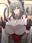  1girl absurdres animal_ears arknights bad_anatomy bangs bare_shoulders black_gloves black_pantyhose breasts cat_ears cat_tail cleavage cleavage_cutout clothing_cutout commentary_request covered_navel cowboy_shot feather_boa gloves grey_hair highres kanta_(kanta_077) large_breasts long_hair looking_at_viewer pantyhose schwarz_(arknights) solo standing tail thighband_pantyhose v-shaped_eyebrows yellow_eyes 