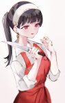  1girl absurdres apron bandaid bandaid_on_hand black_hair blood crying earrings hairband highres holding holding_knife jewelry knife long_sleeves mile_(off8mile) parted_lips ponytail red_apron red_eyes shirt solo spy_x_family tears upper_body white_hairband white_shirt yor_briar 