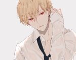  1boy bangs black_necktie blonde_hair collar collarbone collared_shirt fate/grand_order fate_(series) gilgamesh_(fate) grey_background hair_between_eyes highres long_sleeves looking_at_viewer loose_necktie male_focus necktie open_mouth partially_unbuttoned red_eyes shirt short_hair shu_(oshigoto_boshuuchuu) solo wet wet_clothes white_shirt 