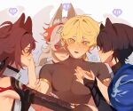  4boys aether_(genshin_impact) ahoge anger_vein animal_ear_fluff animal_ears antenna_hair arm_armor arm_up bandaged_arm bandages bangs bare_shoulders black_bow black_choker black_hair black_hairband black_shirt blue_vest blunt_ends blush bow braid brown_hair brown_shirt buttons cat_ears choker closed_mouth collarbone earrings fingernails fox_ears genshin_impact gradient gradient_background green_eyes grey_background grey_hair grey_vest hair_between_eyes hair_bow hairband hand_up hands_up harem highres holding holding_another&#039;s_arm hug hug_from_behind jewelry kaedehara_kazuha lips long_hair looking_at_another looking_away male_focus male_harem mandarin_collar multiple_boys musical_note nervous no_headwear numbered official_alternate_costume open_clothes open_mouth open_vest ponytail purple_eyes red_eyes red_hair ring ringed_eyes scaramouche_(genshin_impact) shaded_face shadow shikanoin_heizou shirt short_hair short_ponytail short_sleeves sidelocks single_earring sleeveless sleeveless_shirt smile sn_jiho standing sweat sweatdrop teeth vest wanderer_(genshin_impact) white_background yaoi yellow_eyes 