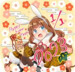  1girl 2023 :d animal_ears assault_lily bangs blue_eyes blunt_bangs brown_hair bunny_earmuffs capelet character_print commentary_request earmuffs egasumi fake_animal_ears floral_print flower fur-trimmed_capelet fur-trimmed_sleeves fur_trim hagoita hands_up happy_new_year hitotsuyanagi_riri holding holding_paddle kaede_johan_nouvel light_particles long_hair long_sleeves looking_at_viewer new_year open_mouth orange_flower own_hands_together paddle pink_flower rabbit_ears red_flower sakuramon shindo sidelocks smile solo tassel upper_body wavy_hair yellow_background yellow_capelet 