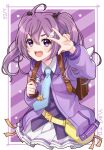  1girl 22/7 ahoge ayakura_azuma backpack bag bangs bow bowtie brown_hair hair_ornament highres jacket long_hair looking_at_viewer purple_eyes purple_hair purple_jacket shirt skirt smile toujou_yuuki twintails upper_body v wing_hair_ornament yellow_bag 