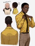  2boys absurdres adjusting_clothes animification bald belt better_call_saul black_shirt blue_eyes breaking_bad brown_belt brown_jacket brown_necktie bulletproof_vest collared_shirt dark-skinned_male dark_skin english_text grey_background gustavo_fring hair_behind_ear highres holding holding_clothes jacket ma2_ereki male_focus mike_ehrmantraut multiple_boys multiple_views necktie parted_lips shirt shirt_tucked_in short_hair sweatdrop v-shaped_eyebrows very_short_hair yellow_shirt 