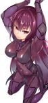  1girl armor arms_up bodysuit breasts covered_navel fate/grand_order fate_(series) hair_intakes highres kneeling large_breasts leotard long_hair ono_misao pauldrons purple_bodysuit purple_hair purple_leotard red_eyes scathach_(fate) shoulder_armor simple_background solo very_long_hair white_background 