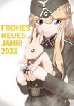  1girl 2023 absurdres animal blonde_hair blue_eyes chinese_zodiac commentary_request cross english_commentary german_commentary german_text green_jacket happy_new_year hat highres holding holding_animal iron_cross jacket medal military military_hat military_uniform original rabbit saitou_kaoru_(nashorn) smile solo uniform wehrmacht year_of_the_rabbit 
