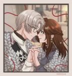  1boy 1girl :d artist_name bangs blurry blurry_background border brown_hair closed_mouth earrings forehead-to-forehead glasses green_eyes grey_jacket heads_together highres holding_hands jacket jewelry long_hair long_sleeves looking_at_another mole mole_under_eye nirvelia open_mouth rosa_(tears_of_themis) short_hair smile string string_of_fate sweater tears_of_themis turtleneck turtleneck_sweater vyn_richter_(tears_of_themis) white_border white_hair yellow_eyes 