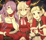  3girls animal_ears antlers blonde_hair breasts camilla_(fire_emblem) christmas cleavage corrin_(fire_emblem) corrin_(fire_emblem)_(female) elise_(fire_emblem) fake_animal_ears fake_antlers fire_emblem fire_emblem_fates hair_over_one_eye hairband hat highres large_breasts long_hair looking_at_viewer multiple_girls peach11_01 pointy_ears purple_eyes purple_hair red_eyes reindeer_antlers santa_hat siblings sisters smile twintails very_long_hair wavy_hair white_hair 
