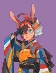  1girl ahoge animal_ears bangs black_gloves black_hairband blue_eyes blush chinese_zodiac crossed_bangs dou_(mame_eee) flower gloves gundam gundam_suisei_no_majo hair_between_eyes hair_flower hair_ornament hair_up hairband haro highres japanese_clothes kemonomimi_mode kimono long_sleeves multicolored_clothes multicolored_kimono one_eye_closed open_mouth purple_background rabbit_ears red_hair single_sidelock smile solo striped striped_kimono suletta_mercury thick_eyebrows upper_body v wide_sleeves year_of_the_rabbit 