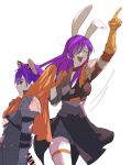  1boy 1girl 2023 absurdres animal_ears armor asymmetrical_clothes bangs breasts cape chibi choker cleavage closed_mouth dragging dual_persona fire_emblem fire_emblem:_three_houses fire_emblem_warriors:_three_hopes gloves hair_bun highres illust_mi long_hair open_mouth purple_hair rabbit_ears shez_(fire_emblem) shez_(fire_emblem)_(female) shez_(fire_emblem)_(male) short_hair 