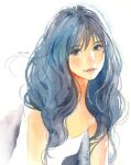  1girl bangs blue_eyes blue_hair camisole leaning_forward long_hair looking_to_the_side molyuu original parted_lips smile solo swept_bangs twitter_username upper_body wavy_hair 
