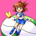  1girl 2others arle_nadja blue_footwear blue_skirt brown_hair carbuncle_(puyopuyo) highres looking_at_viewer madou_monogatari multiple_others open_mouth pink_background puyo_(puyopuyo) puyopuyo sakagami_yuura short_hair side_ponytail sitting skirt smile yellow_eyes 