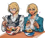  2boys ace_attorney alternate_costume apollo_justice:_ace_attorney blonde_hair blue_eyes blush bowl brothers chopsticks dark_skin drill_hair eating fogged_glasses food glasses grgrton hair_over_shoulder highres holding holding_chopsticks jacket jewelry klavier_gavin kristoph_gavin male_focus multiple_boys musical_note necklace noodles open_mouth partially_unbuttoned shirt shrimp shrimp_tempura siblings simple_background smile steam tempura white_background 