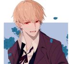  1boy bangs blonde_hair coat collared_shirt earrings fate/grand_order fate_(series) flower gilgamesh_(fate) hair_between_eyes jewelry lower_teeth_only male_focus neck_ribbon open_clothes open_coat open_mouth petals red_eyes ribbon shirt short_hair shu_(oshigoto_boshuuchuu) simple_background single_earring solo teeth 