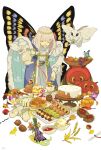  1boy :d ant apple autumn autumn_leaves blanca_(fate) blue_cloak blue_coat bug butterfly butterfly_wings cake cake_stand checkerboard_cookie chestnut cloak closed_eyes coat commentary cookie cowboy_shot cream creamer_(vessel) cup diamond_hairband dragonfly fairy fate/grand_order fate_(series) flower food fruit fruit_bowl fur-trimmed_cloak fur_trim ginkgo_leaf grapes highres holding holding_teapot jam juliet_sleeves leaf lily_(flower) long_sleeves male_focus medium_hair mont_blanc_(food) moth oberon_(fate) open_clothes open_coat orange_flower osmanthus pinecone pirohi_(pirohi214) plate pouring puffy_sleeves pumpkin purple_flower robe sandwich scone simple_background sleeveless_coat smile solo spoon sugar_bowl tea tea_strainer teacup teapot tiered_tray walnut wheat white_background white_flower white_hair white_robe wings wooden_bowl worm 