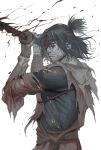  1boy absurdres aura bags_under_eyes black_hair closed_mouth dark_aura expressionless eyepatch facial_hair fighting_stance from_lsr from_side highres holding holding_sword holding_weapon katana korean_commentary looking_at_viewer male_focus medium_hair ninja prosthesis prosthetic_arm red_eyes sekiro sekiro:_shadows_die_twice sideways_glance solo sword torn_clothes weapon white_background 