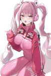  1girl :d alice_(nikke) animal_ear_headphones animal_ears bangs blush bodysuit breasts commentary fake_animal_ears foot_out_of_frame gloves goddess_of_victory:_nikke hair_intakes headphones highres jacket ljpwow long_hair long_sleeves looking_at_viewer medium_breasts open_mouth pink_bodysuit pink_eyes pink_gloves pink_hair red_jacket shrug_(clothing) simple_background sitting skin_tight smile solo swept_bangs twintails very_long_hair white_background 