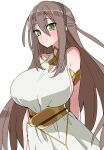  1girl adele_(fate) akitokage armlet bangs bare_shoulders blush braid breasts brown_hair crown_braid dress fate/grand_order fate_(series) large_breasts long_hair looking_at_viewer smile solo underbust white_dress 