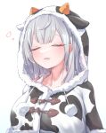  1girl animal_hood animal_print breasts capelet closed_eyes cow_hood cow_print drooling grey_hair hololive hood large_breasts long_hair official_alternate_hair_length official_alternate_hairstyle shirogane_noel simple_background sleep_bubble sleeping solo starblame upper_body virtual_youtuber white_background 