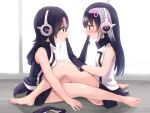  2girls african_penguin_(kemono_friends) animal_hood bare_shoulders barefoot black_hair blush brown_eyes elbow_gloves feet gloves grey_hair highres hood humboldt_penguin_(kemono_friends) kemono_friends kemono_friends_v_project long_hair microphone multicolored_hair multiple_girls penguin_girl penguin_hood penguin_tail pink_hair ras_(ras33635191) shirt short_hair skirt sleeveless sleeveless_shirt straight_hair tail toes virtual_youtuber zipper 