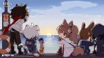  1other 2boys 2girls ahoge ambiguous_gender amiya_(arknights) angelina_(arknights) animal_ears arknights artist_request black_gloves black_hair black_jacket blue_jacket blue_sky brown_hair buoy cat_boy cat_ears cat_tail chinese_commentary commentary_request copyright_name courier_(arknights) doctor_(arknights) facing_away gloves headband highres hood hood_up hooded_jacket hugging_own_legs infection_monitor_(arknights) jacket jewelry leaning_forward leopard_boy leopard_ears leopard_tail looking_at_viewer looking_back multiple_boys multiple_girls multiple_rings ocean official_art outdoors ponytail rabbit_ears rabbit_girl red_eyes red_headband red_scarf rescue_buoy ring scarf shading_eyes short_hair silverash_(arknights) sitting sky sunrise sweatdrop tail thermos twintails utility_pole white_jacket 