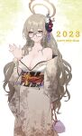  1girl 2023 absurdres akane_(blue_archive) alternate_costume bare_shoulders black-framed_eyewear blue_archive blush breasts brown_eyes brown_hair brown_kimono cleavage floral_print glasses halo hand_up happy_new_year highres japanese_clothes jjjsss kimono large_breasts long_hair looking_at_viewer print_kimono smile solo 