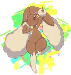  1girl animal_ears animal_feet animal_nose arm_up blush body_fur brown_fur closed_mouth commentary flat_chest full_body furry furry_female groin hand_up happy highres index_finger_raised knees_together_feet_apart leg_up looking_at_viewer lopunny mushu_(xmu) one_eye_closed outstretched_arm pointing pointing_up pokemon pokemon_(creature) rabbit_ears rabbit_girl red_eyes smile solo standing standing_on_one_leg thick_thighs thighs two-tone_fur wide_hips yellow_fur 