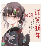  1girl 2023 absurdres akeome alternate_costume black_hair black_kimono brown_background brown_eyes commentary_request dairyo3 furisode hair_ornament happy_new_year highres japanese_clothes kantai_collection kimono looking_at_viewer parted_lips sendai_(kancolle) short_hair smile solo two-tone_background two_side_up upper_body 