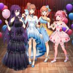  4girls :d alternate_costume balloon bare_shoulders black_dress blue_bow blue_dress blue_eyes blue_footwear bow breasts brown_hair cleavage commentary confetti doki_doki_literature_club dress english_commentary flower full_body green_eyes hair_flower hair_ornament hairclip hand_on_hip long_dress long_hair long_sleeves medium_breasts monika_(doki_doki_literature_club) multiple_girls natsuki_(doki_doki_literature_club) new_year official_art open_mouth pink_dress pink_eyes pink_hair pink_thighhighs ponytail purple_eyes purple_hair satchely sayori_(doki_doki_literature_club) shoes short_hair short_sleeves small_breasts smile thighhighs twintails white_dress white_footwear yuri_(doki_doki_literature_club) 