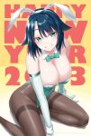  1girl 2023 absurdres animal_ears awono_nanaumi black_pantyhose blue_hair bow bowtie breasts chinese_zodiac cleavage detached_collar elbow_gloves fukami_nana gloves green_bow green_bowtie green_eyes green_leotard hair_flaps happy_new_year highres large_breasts leotard looking_at_viewer original pantyhose playboy_bunny rabbit_ears rabbit_tail short_hair sitting solo strapless strapless_leotard tail thighband_pantyhose white_gloves wrist_cuffs year_of_the_rabbit yokozuwari 