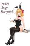  1girl 2023 absurdres animal_ears black_footwear black_leotard black_thighhighs blue_eyes breasts chinese_zodiac covered_navel detached_collar english_text fake_animal_ears fake_tail girls&#039;_frontline happy_new_year heart high_heels highres kalina_(girls&#039;_frontline) kepra_iii large_breasts leotard new_year orange_hair playboy_bunny rabbit_ears rabbit_tail side_ponytail sitting solo strapless strapless_leotard tail thighhighs wrist_cuffs year_of_the_rabbit 