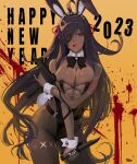  1girl ahoge animal_ears bare_shoulders black_hair blood blood_splatter breasts breasts_squeezed_together chinese_zodiac cleavage dark-skinned_female dark_skin detached_collar eyepatch fake_animal_ears gun hair_ribbon happy_new_year highres holding holding_gun holding_knife holding_weapon knife large_breasts leotard long_hair micro_uzi mole mole_under_eye mole_under_mouth new_year open_mouth original pantyhose piercing playboy_bunny rabbit_ears rabbit_tail ribbon scar sharp_teeth solo strapless strapless_leotard submachine_gun tail teeth tongue tongue_out tongue_piercing very_long_hair weapon wrist_cuffs year_of_the_rabbit zig90 
