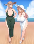  2girls arms_behind_back bangs beach black_dress blue_sky borrowed_character breasts brown_hair brown_headwear character_request cleavage cloud cloudy_sky commission covered_nipples dress full_body green_eyes hair_between_eyes hand_on_hip hat highres horizon huge_breasts leaning_forward long_hair makihara_nodoka moebell multiple_girls no_bra original outdoors sandals second-party_source shoes short_hair sky standing white_dress white_footwear white_headwear 