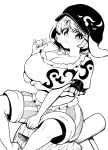  1girl absurdres animal_ears breasts cabbie_hat cleavage closed_mouth eating food hat high_contrast highres himajin_noizu holding holding_food huge_breasts kine looking_at_viewer mallet monochrome navel plump rabbit_ears rabbit_girl ringo_(touhou) shirt short_hair shorts simple_background solo striped striped_shorts touhou 